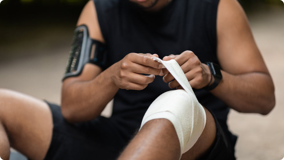 An injured person wrapping their injury with a bandage